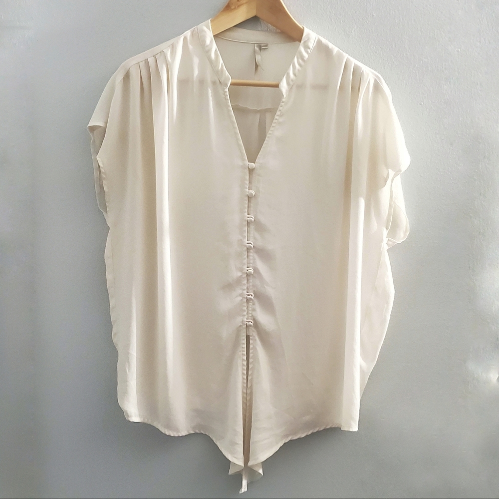 Loose Cream Blouse with Front Ties and Buttons